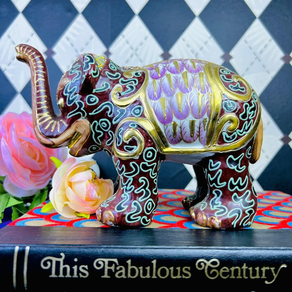 Decorative Cloisonné Style Elephant Figurine Burgundy Pink Gold